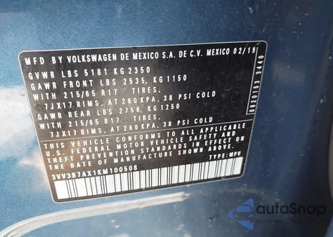 2019 Volkswagen Tiguan 2.0T Se/2.0T Sel/2.0T Sel R-Line/2.0T Sel R-Line Black z USA, uszkodzony, nr VIN 3VV3B7AX1KM100508